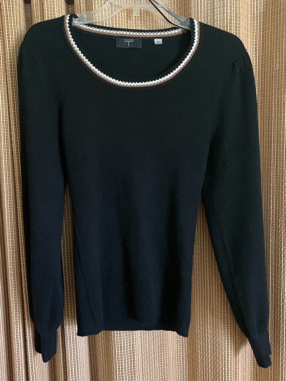 Tahari Black Long-Sleeve Ribbed  Sweater with Contrasting Trim at Neckline